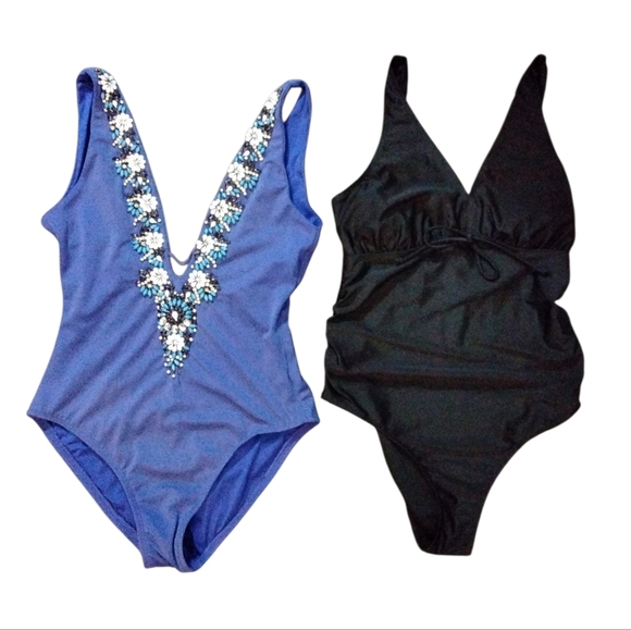 Two Women's One Piece Swimsuits Blue And Black Size Small Bathing Suits - Picture 1 of 16